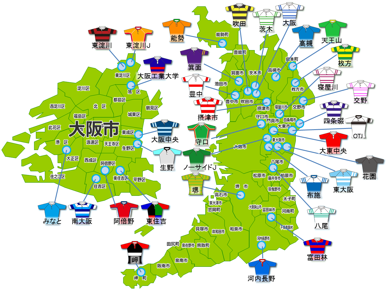 大阪府ラグビースクールマップ